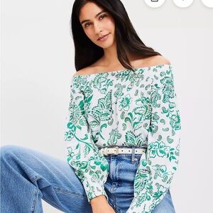 NWT LOFT White Off-Shoulder Smocked Blouse with Green Floral Print